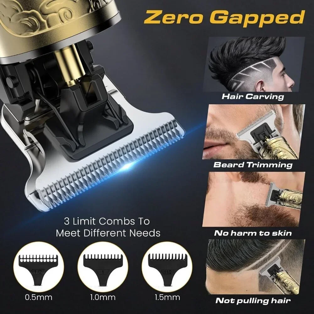Professional Cordless Hair Clippers for Men Zero Gap T-Blade Beard Trimmer LCD
